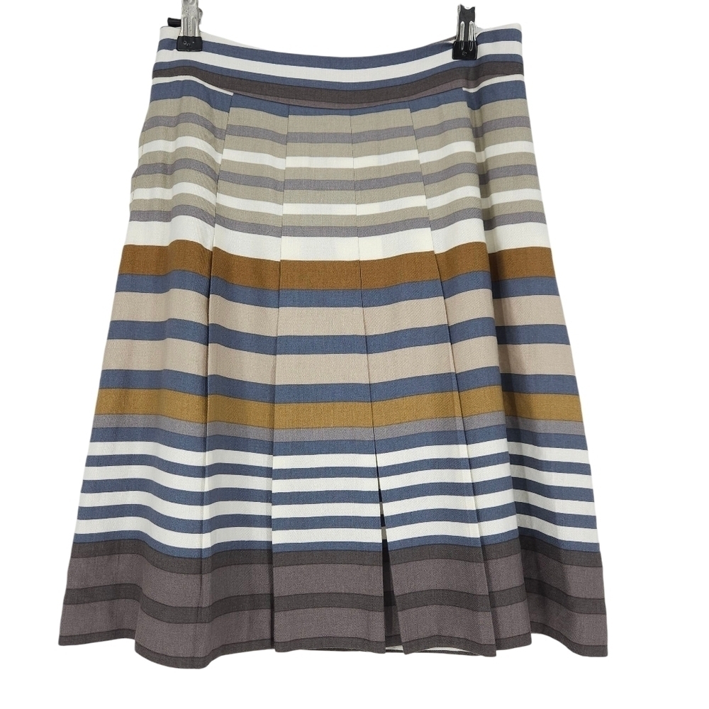 Banana Republic Pleated Full Skirt Linen Taupe Stripe Lined Zip Back 2
